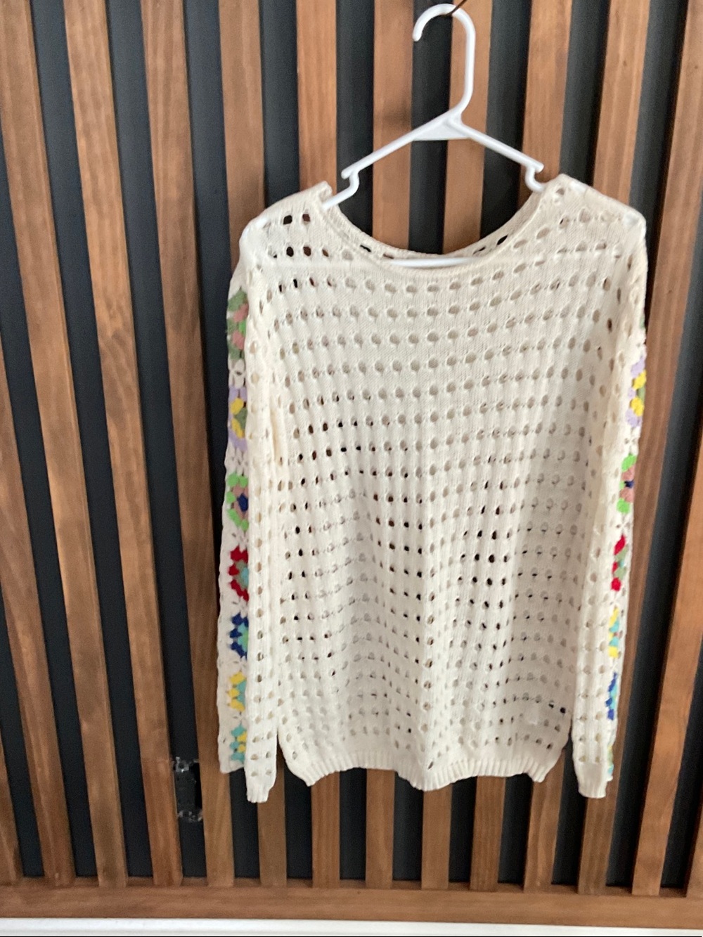 SHEIN Cream Open-Knit Sweater with Multicolor Crochet Sleeve Accents